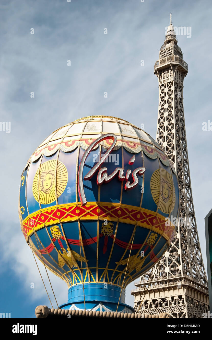 Eiffel Tower restaurant and Montgolfier Balloon on the Las Vegas Strip in Nevada Stock Photo