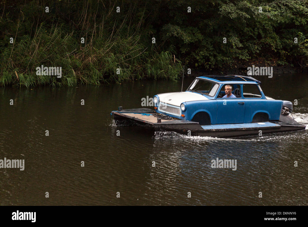 Berlin, Germany, raft with Trabi as a cab in the channel from the Pohlesee Stölpchensee Stock Photo