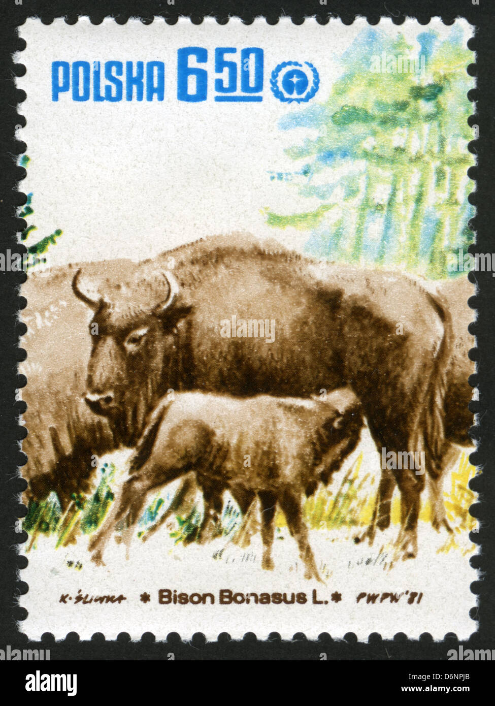 Poland,post mark,stamp,animals,animals illustrations,fauna, Aurochs Stock Photo