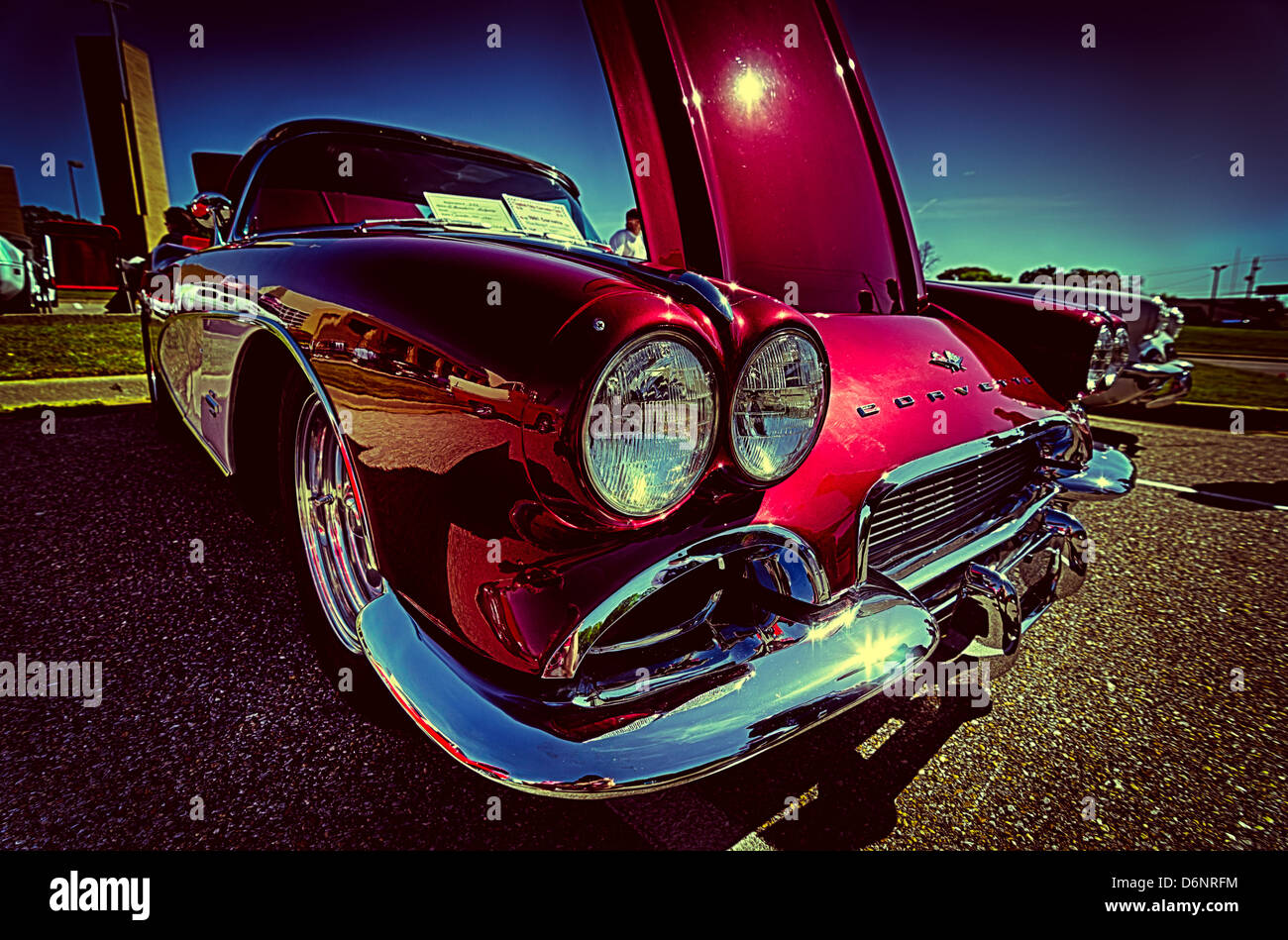 Closeup of red vintage Chevy Corvette at car show. Stock Photo