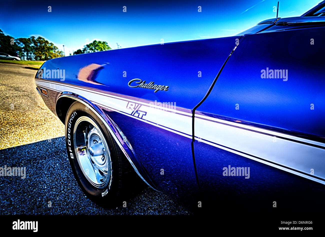 Vintage blue Dodge Challenger at car show. Stock Photo