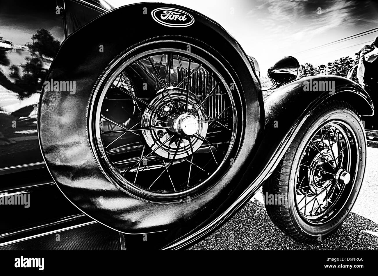 Closeup of antique Ford car at car show. Stock Photo