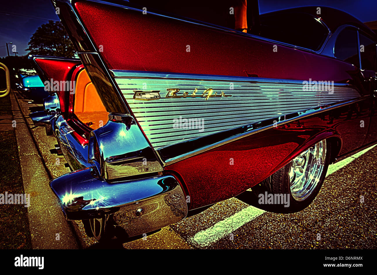 Back and side image of red Chevy Bel Air at car show. Stock Photo