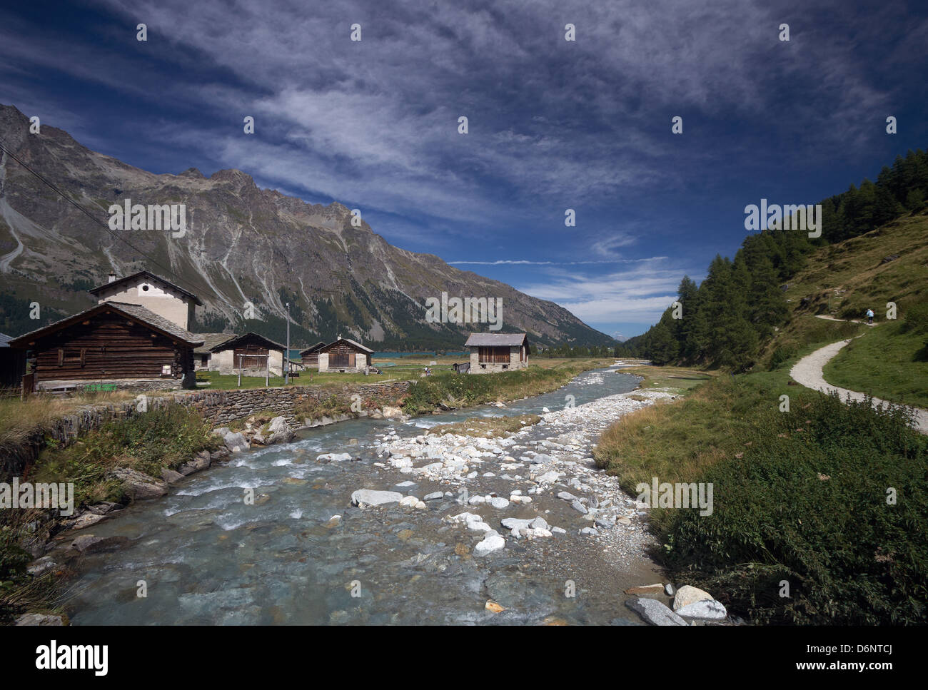 Isola, Switzerland, the small hamlet of Isola on Suedufer of Lake Sils Stock Photo
