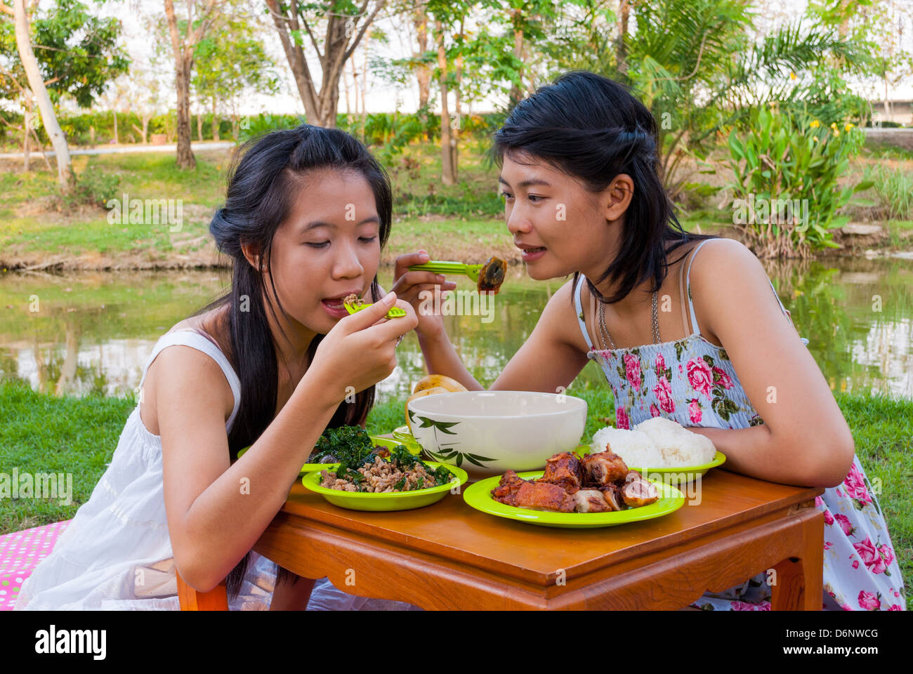 Asian Thai girls picnic together beside swamp. Stock Photo