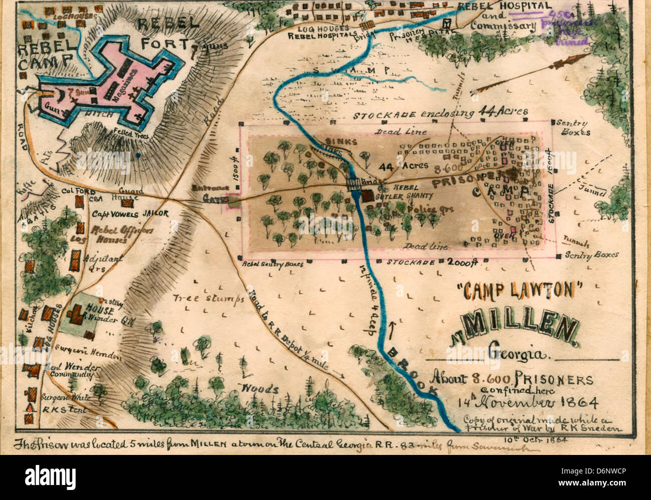 MAP of 'Camp Lawton' at Millen, Georgia : about 8,600 prisoners confined here 14th November 1864 during USA Civil War Stock Photo