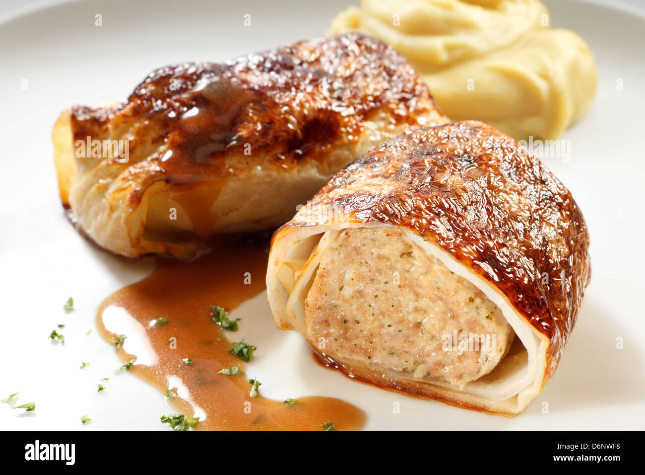 Riedlingen, Germany, stuffed cabbage in gravy with mashed potatoes