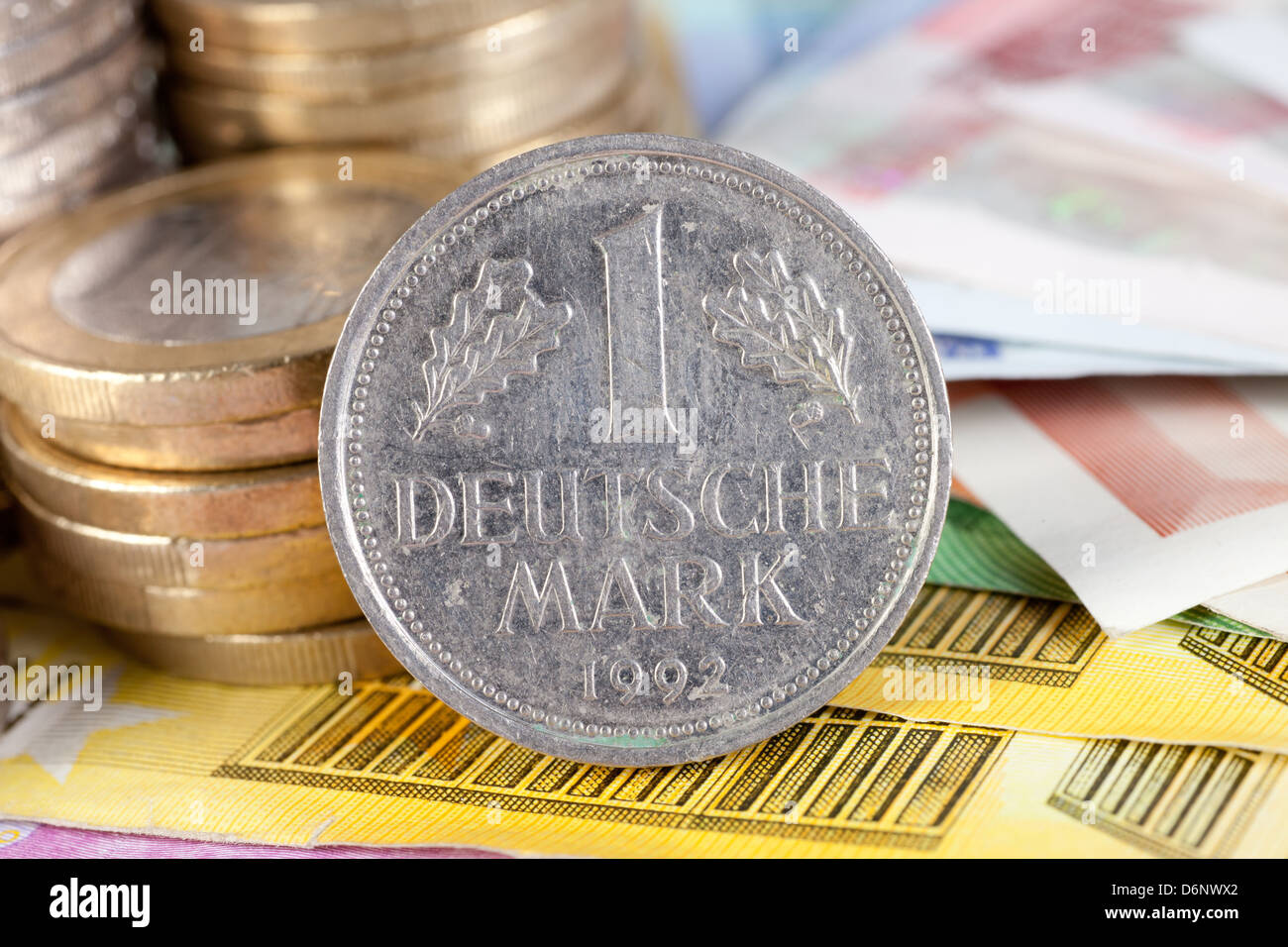 Berlin, Germany, Euro notes, Euromuenzen and former A-DM coin Stock Photo