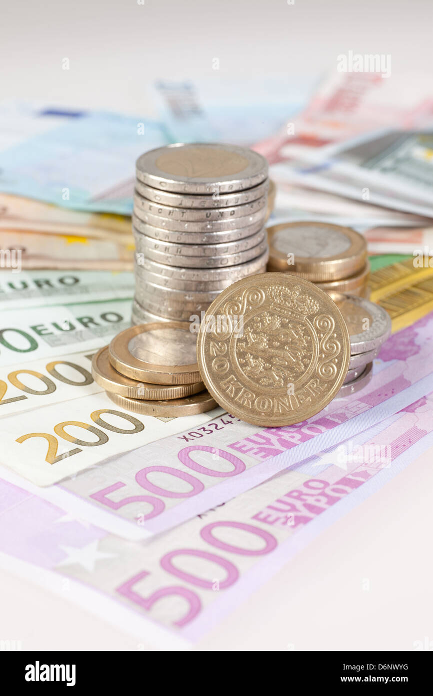 Berlin, Germany, Euro notes, Euromuenzen and 20-crown coin Stock Photo