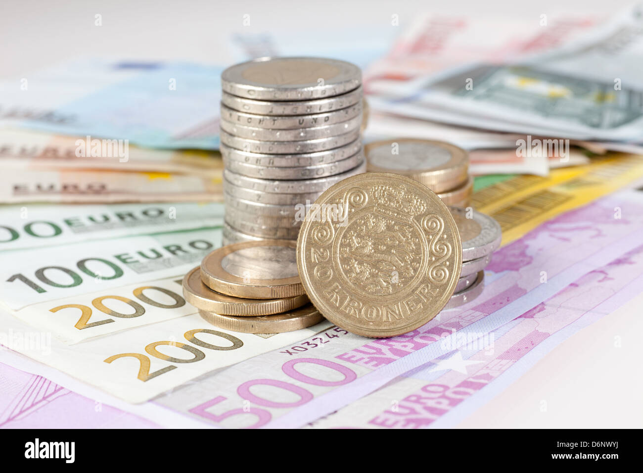 Berlin, Germany, Euro notes, Euromuenzen and 20-crown coin Stock Photo