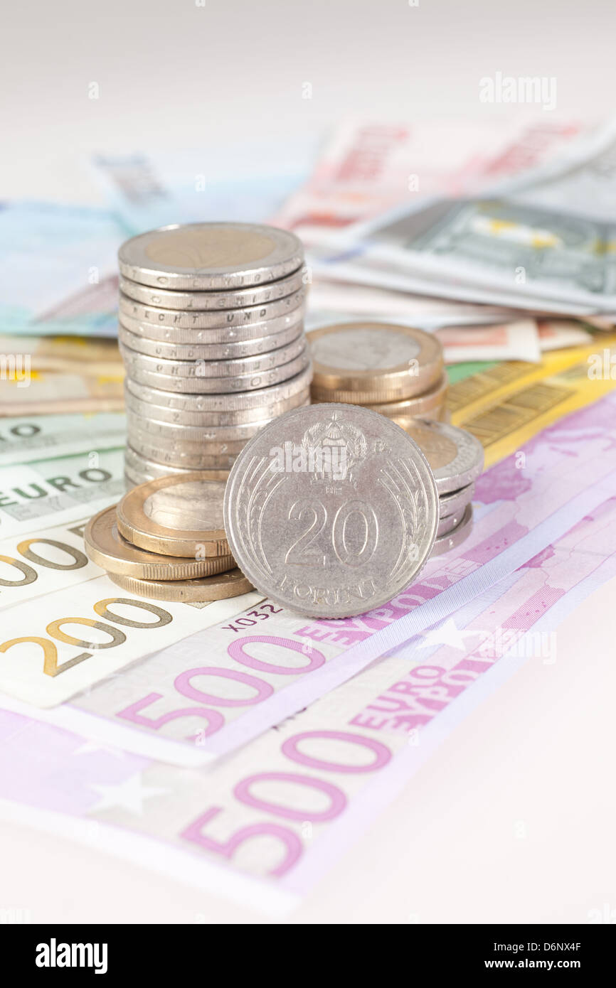 Berlin, Germany, Euro notes, Euromuenzen and 20-forint coin Stock Photo