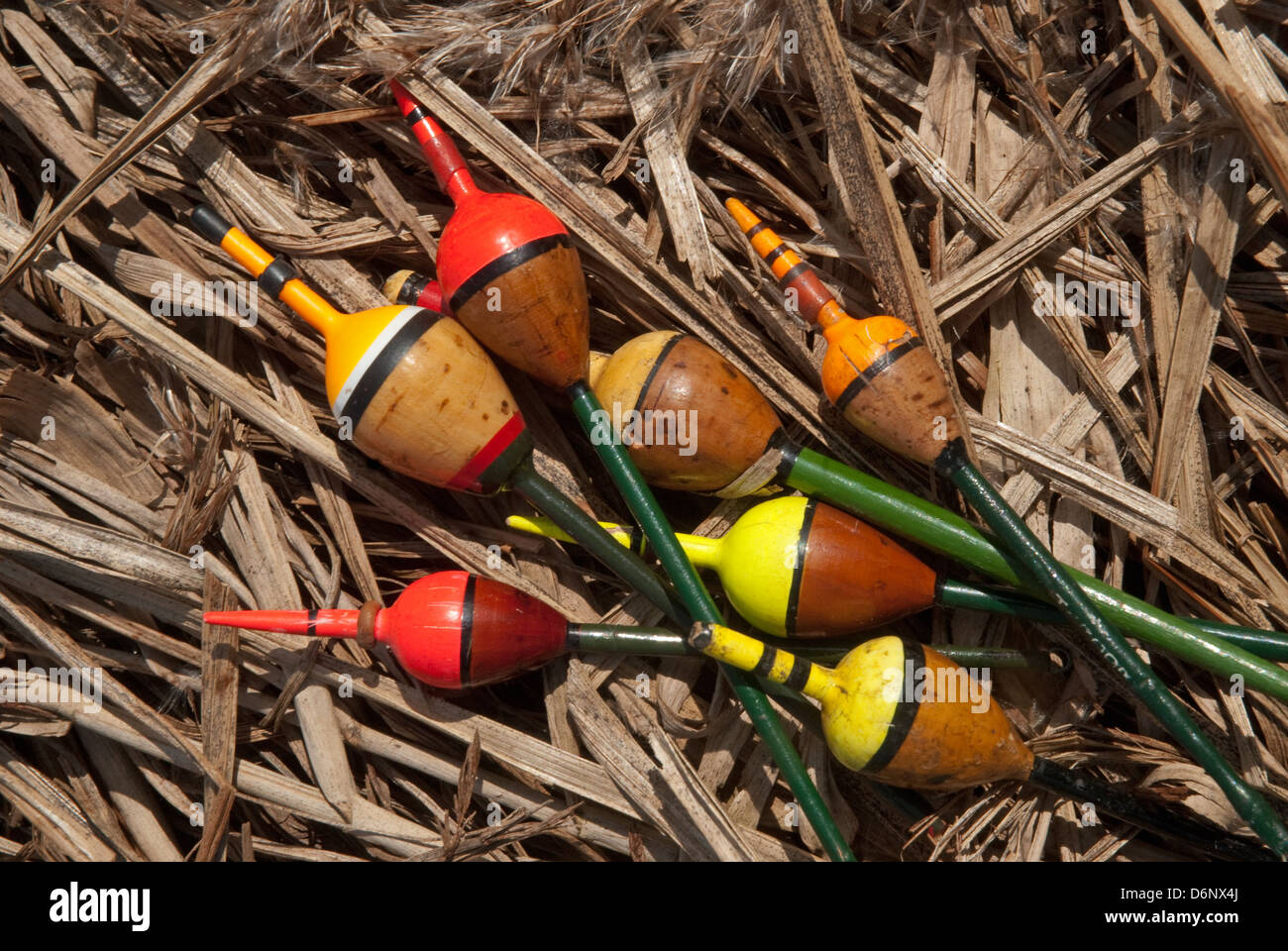 A selection of Freshwater cork bobber fishing floats Stock Photo