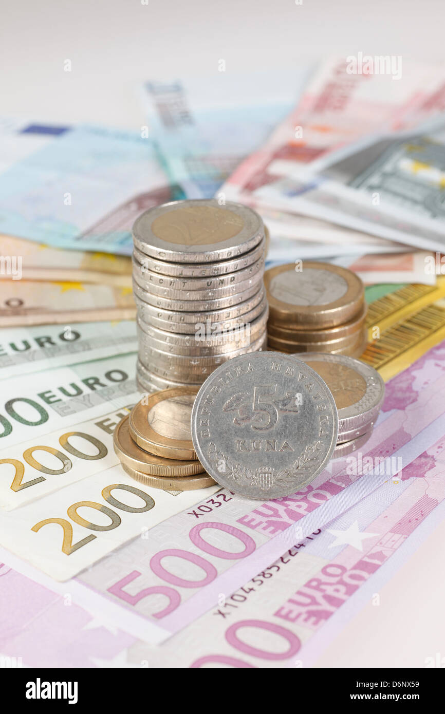 Berlin, Germany, Euro notes, Euromuenzen and 5 kuna coin Stock Photo