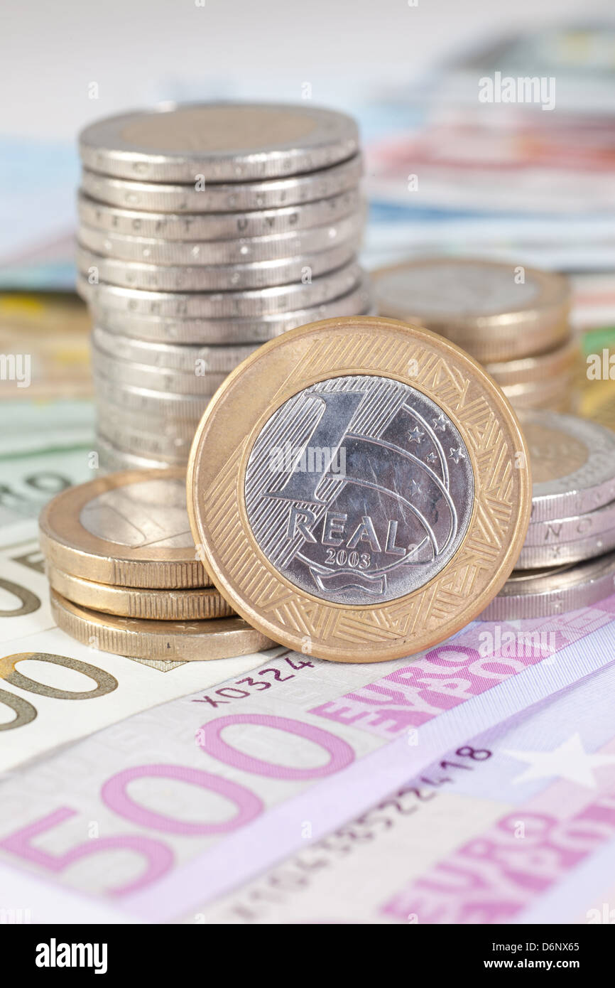 Berlin, Germany, Euro notes, and Euromuenzen 1 Real-coin Stock Photo