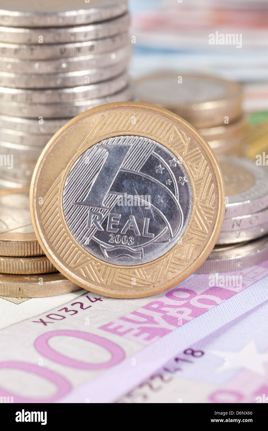Berlin, Germany, Euro notes, and Euromuenzen 1 Real-coin Stock Photo