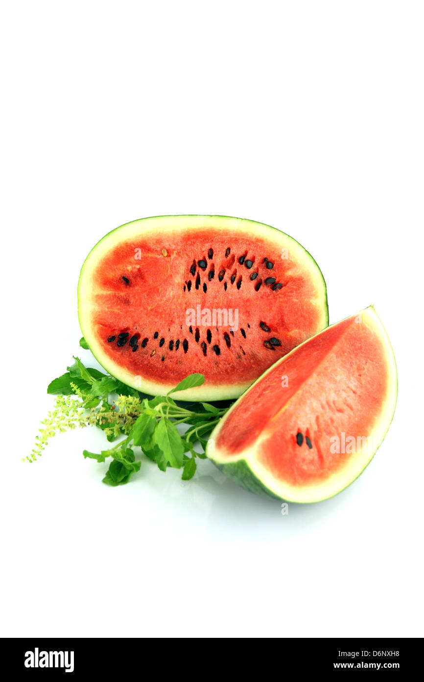 Watermelon which are sliced into pieces and have a seed. Stock Photo
