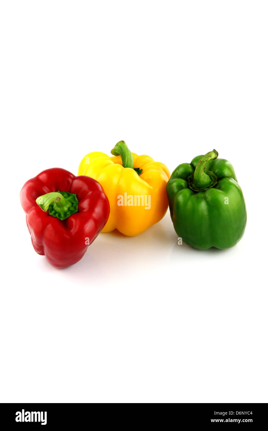 A Bell peppers Three colors on white Background. Stock Photo