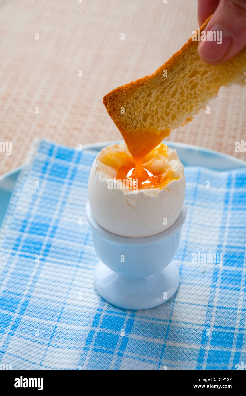 Hand dipping a piece of bread in a boiled egg. Close view. Stock Photo