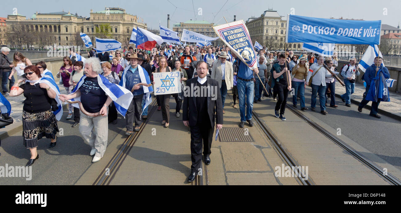 Several hundred people singing Hebrew songs walked in a procession from Franz Kafka Square to Klarov to express their opposition to anti-Semitism in Prague, Czech Republic. 21st April, 2013. There were a number of cultural events at Klarov. Among them was a dramatization of the diary of Helga Weiss-Hoskova who survived the Holocaust. (Vit Simanek/CTK Photo/Alamy Live News) Stock Photo