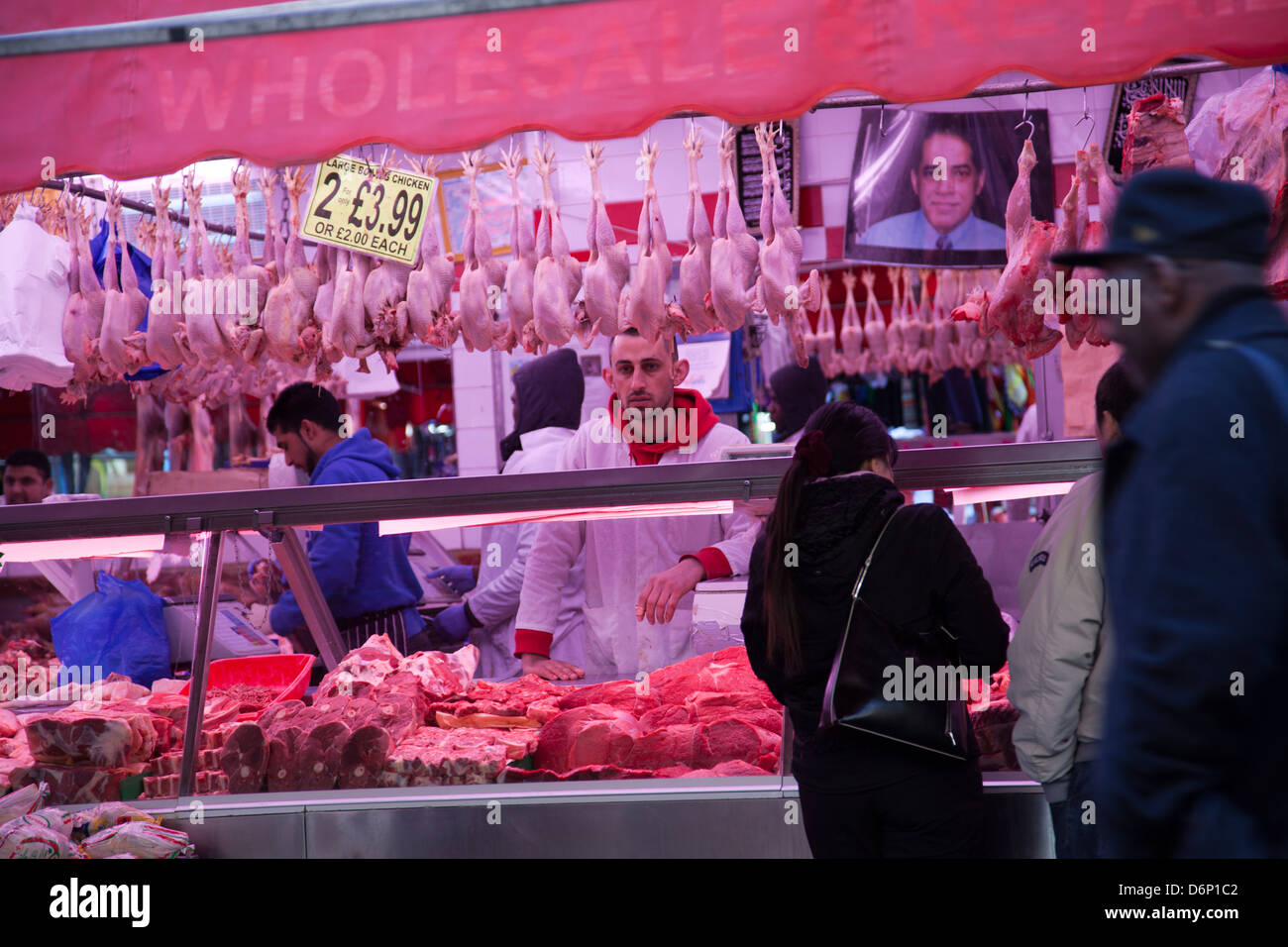 Brixton Outdoor Market in Lambeth, Halal Butcher Outlet - London - UK Stock Photo