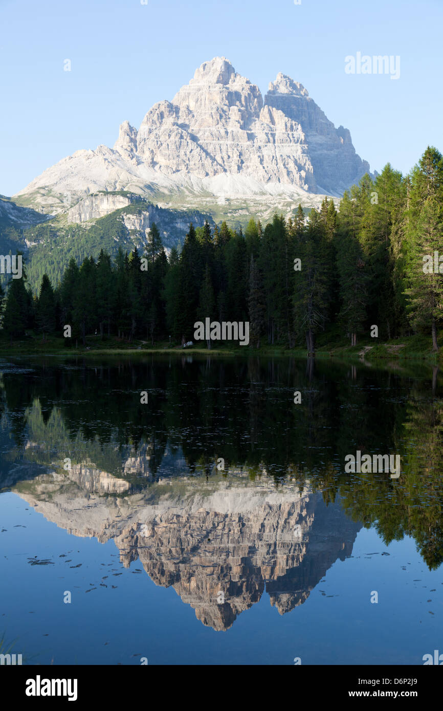Reflections at sunset on Antorno Lake, Misurina, Tre Cime di Lavaredo, Belluno, Dolomites, Italy, Europe Stock Photo