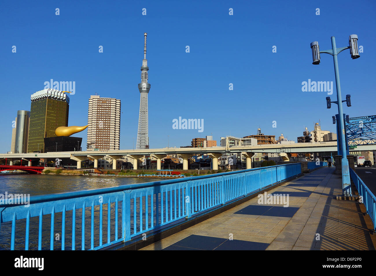 General view of the city skyline of Asakusa with the Tokyo Skytree Tower and the Asahi Beer Headquarters and gold flame building Stock Photo