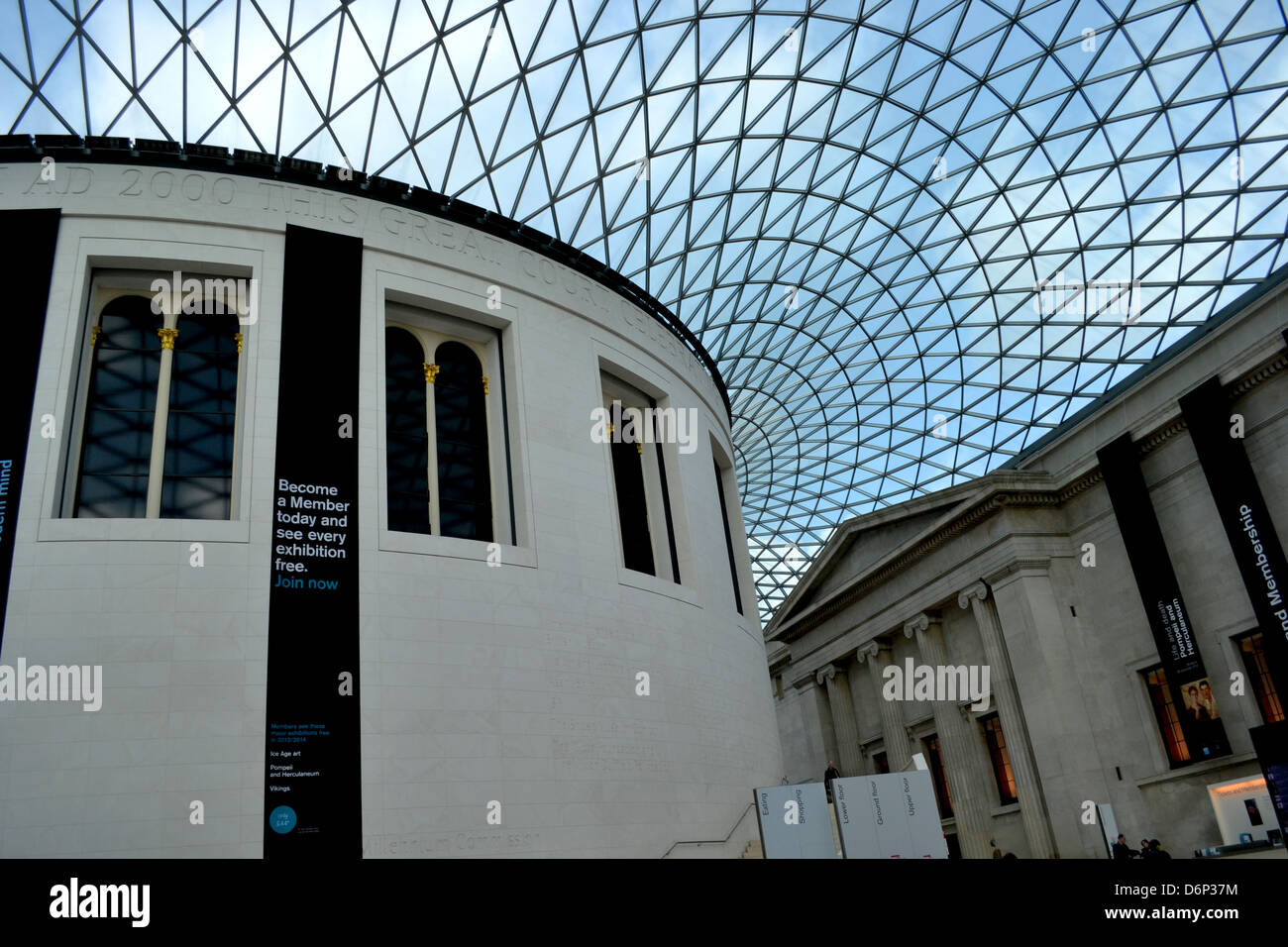 British Museum Great Court, the largest covered public square in Europe. A Horizontal image of central drum, glass roof and internal classical facade Stock Photo