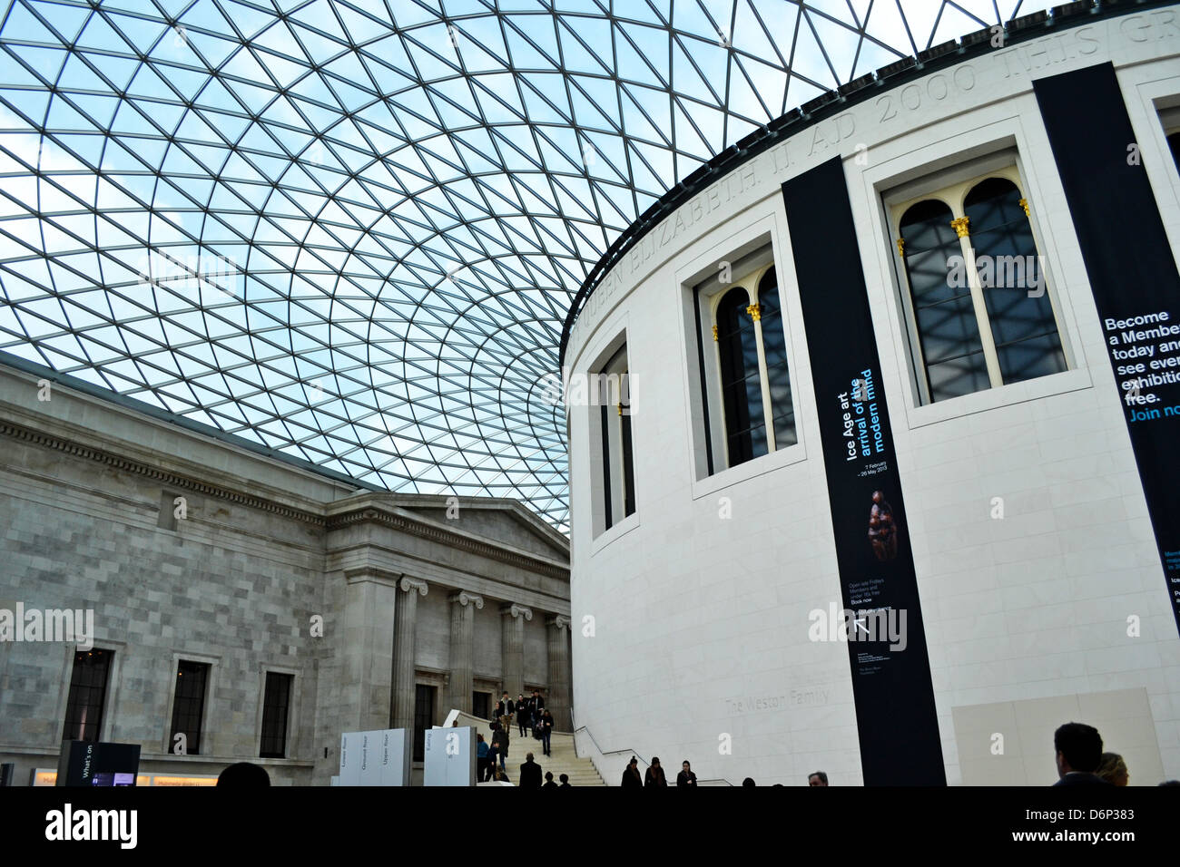 British Museum Great Court, the largest covered public square in Europe. A Horizontal image of central drum, glass roof and internal classical facade. Stock Photo