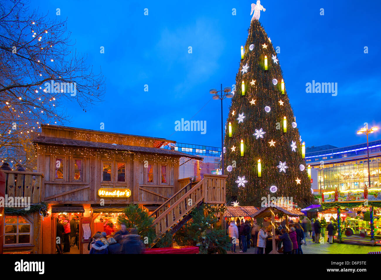 Christmas Market and the Biggest Christmas Tree in the World, Hansaplatz, Dortmund, North Rhine-Westphalia, Germany, Europe Stock Photo