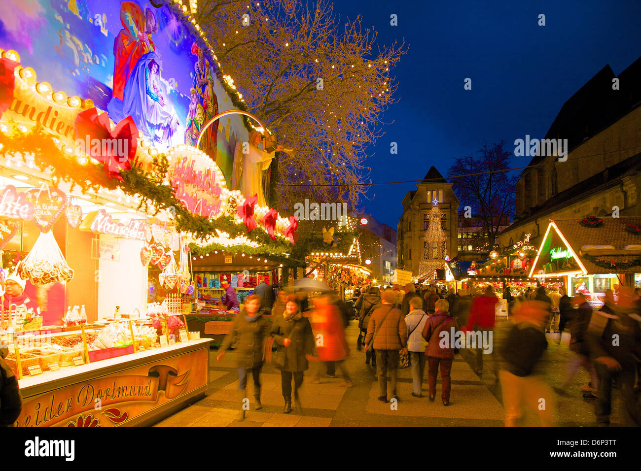 Christmas Market at dusk, Willy Brandt Platz, Dortmund, North Rhine-Westphalia, Germany, Europe Stock Photo