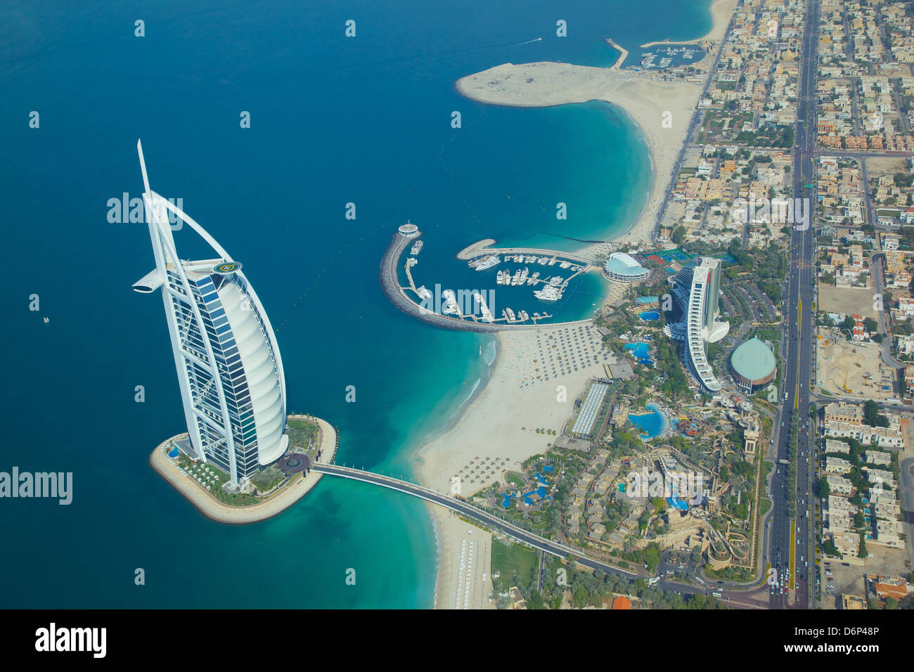 View of Burj Al Arab from seaplane, Dubai, United Arab Emirates, Middle East Stock Photo