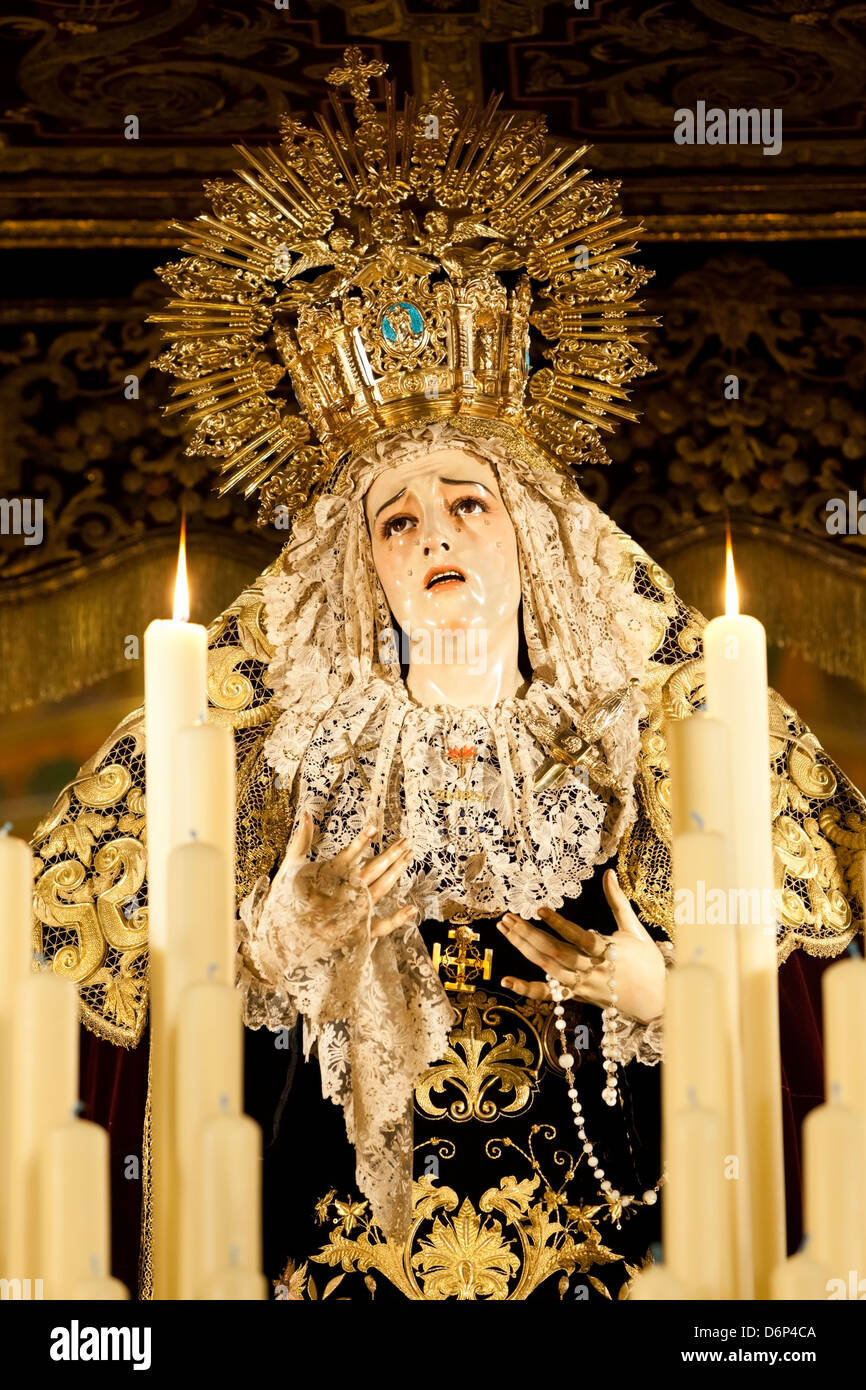 Image of Virgin Mary on float (pasos) carried during Semana Santa (Holy Week), Seville, Andalucia, Spain, Europe Stock Photo