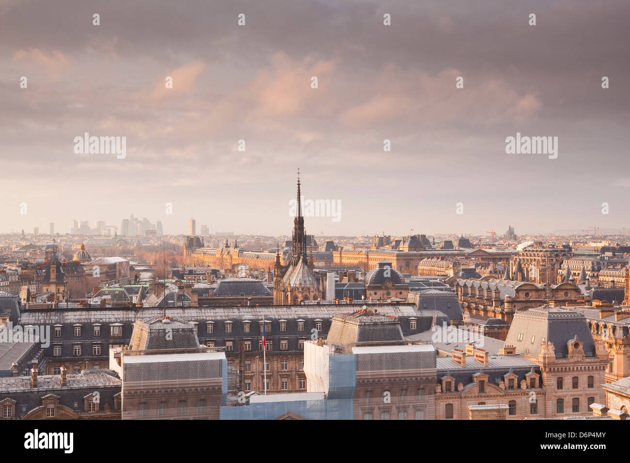 The rooftops of Paris from Notre Dame cathedral with Sainte Chapelle in the middle of the image, Paris, France, Europe Stock Photo