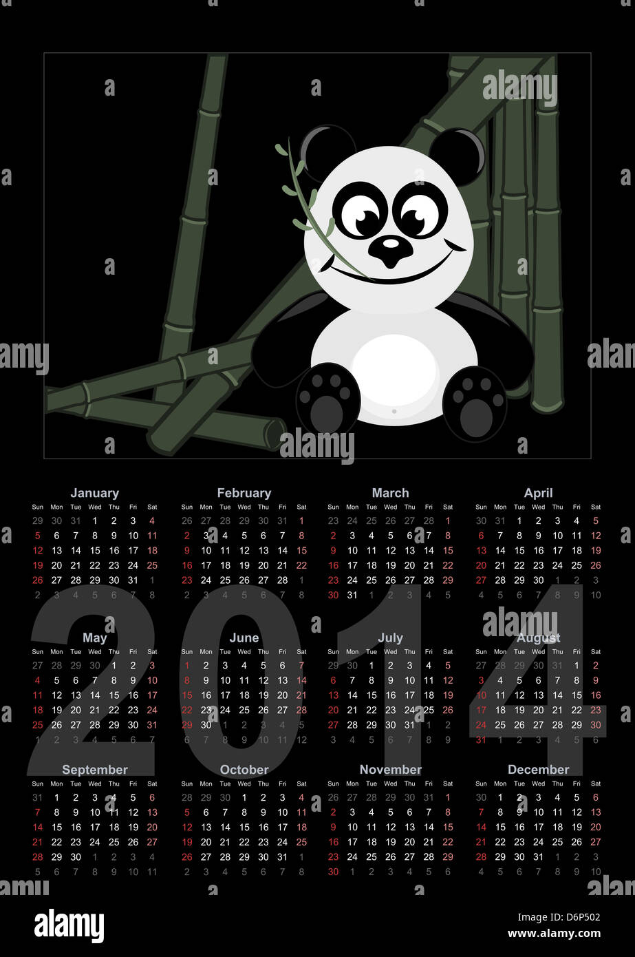 2014 Calendar with panda - black background Stock Photo