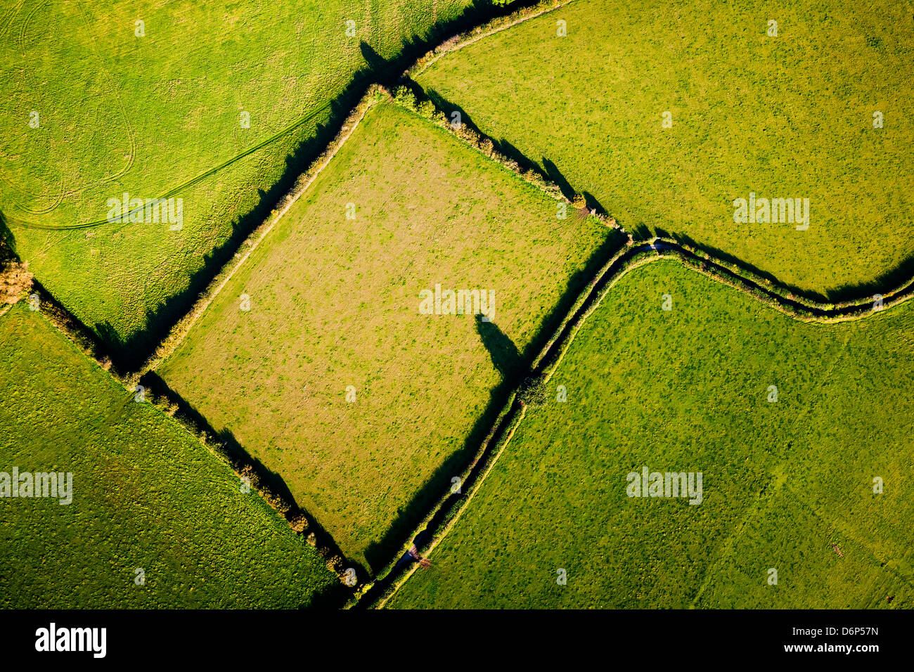 Aerial view showing geometric lines and shapes made by field boundaries in British countryside. Stock Photo