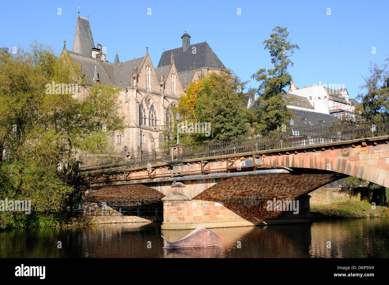 Bridge over the Lahn River and medieval Old University buildings, Marburg, Hesse, Germany, Europe Stock Photo