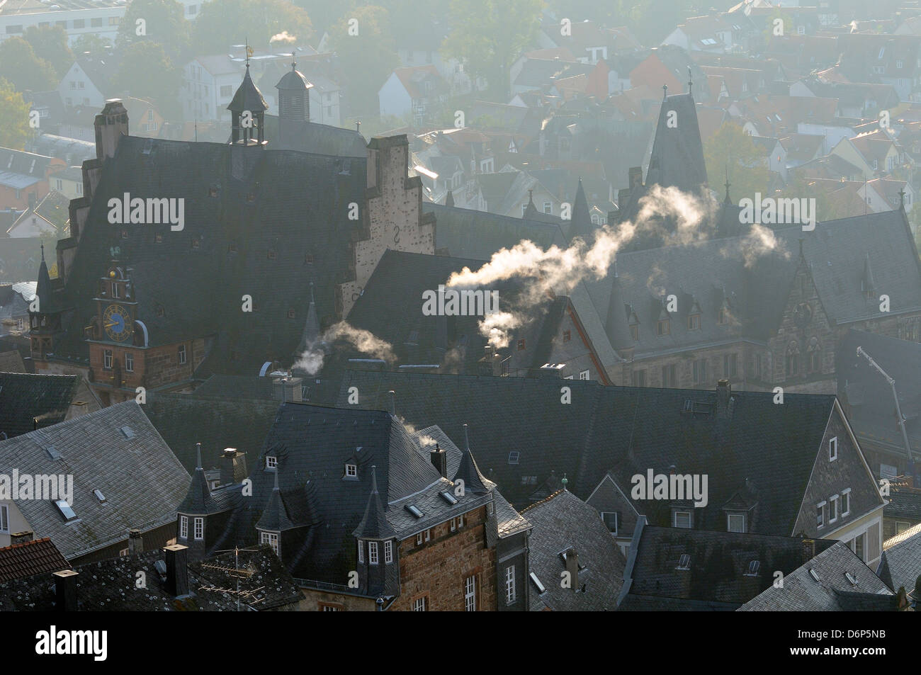 Rooftops of medieval buildings in Marburg, including Town Hall and Old University, Marburg, Hesse, Germany Stock Photo