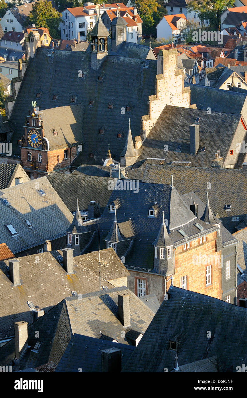 Rooftops of medieval buildings in Marburg, including the Town Hall and Old University, Marburg, Hesse, Germany, Europe Stock Photo
