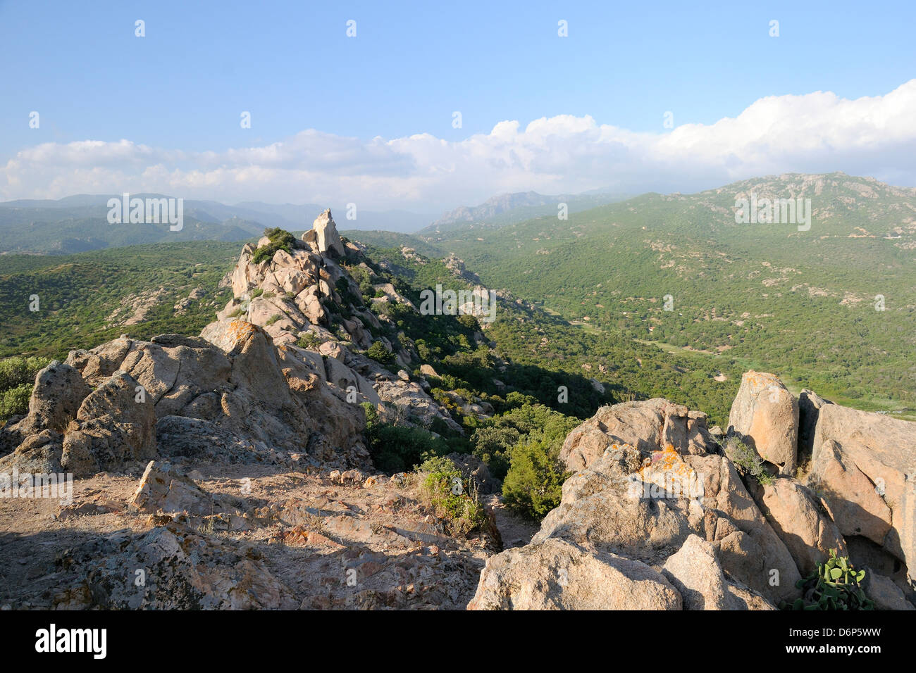 Rocher du Lion granite crags and maquis scrub covered Roccapina valley, southern Corsica, France, Europe Stock Photo
