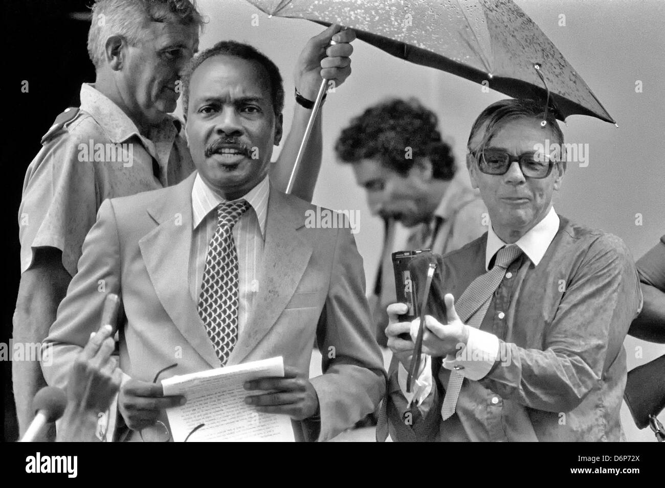 Governor-General Sir Paul Scoon speaks to members of the media after taking over as head of the new provisional government following the Invasion of Grenada, codenamed Operation Urgent Fury November 9, 1983 in St. Georges, Grenada. The invasion began on October 25, 1983 and was the first major military action by the United States since the end of the Vietnam War. Stock Photo