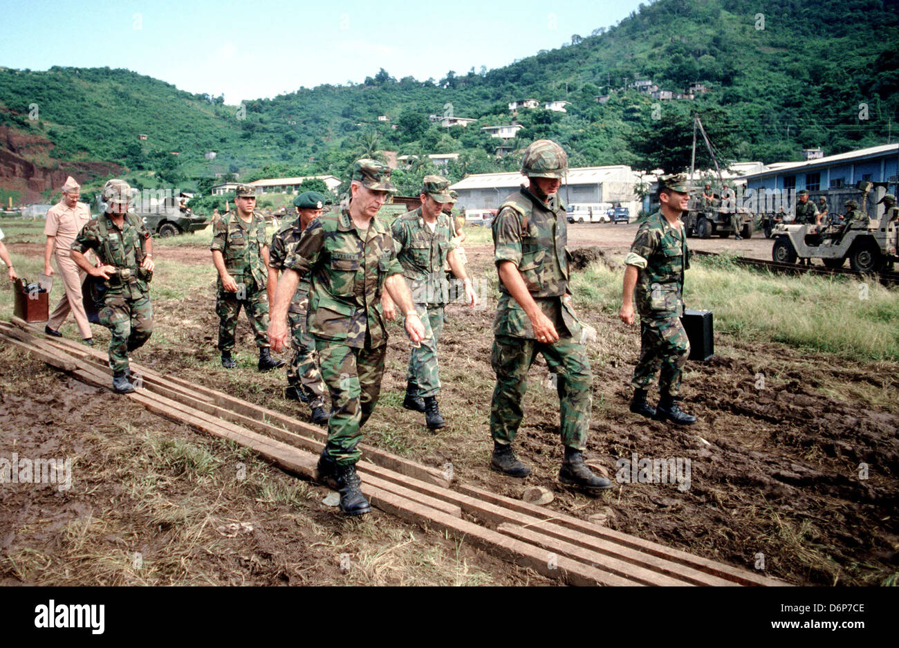 US Chairman of the Joint Chiefs of Staff, General John W. Vessey Jr. tours the battlefield during the Invasion of Grenada, codenamed Operation Urgent Fury November 4, 1983 in St Georges, Grenada. The invasion began on October 25, 1983 and was the first major military action by the United States since the end of the Vietnam War. Stock Photo