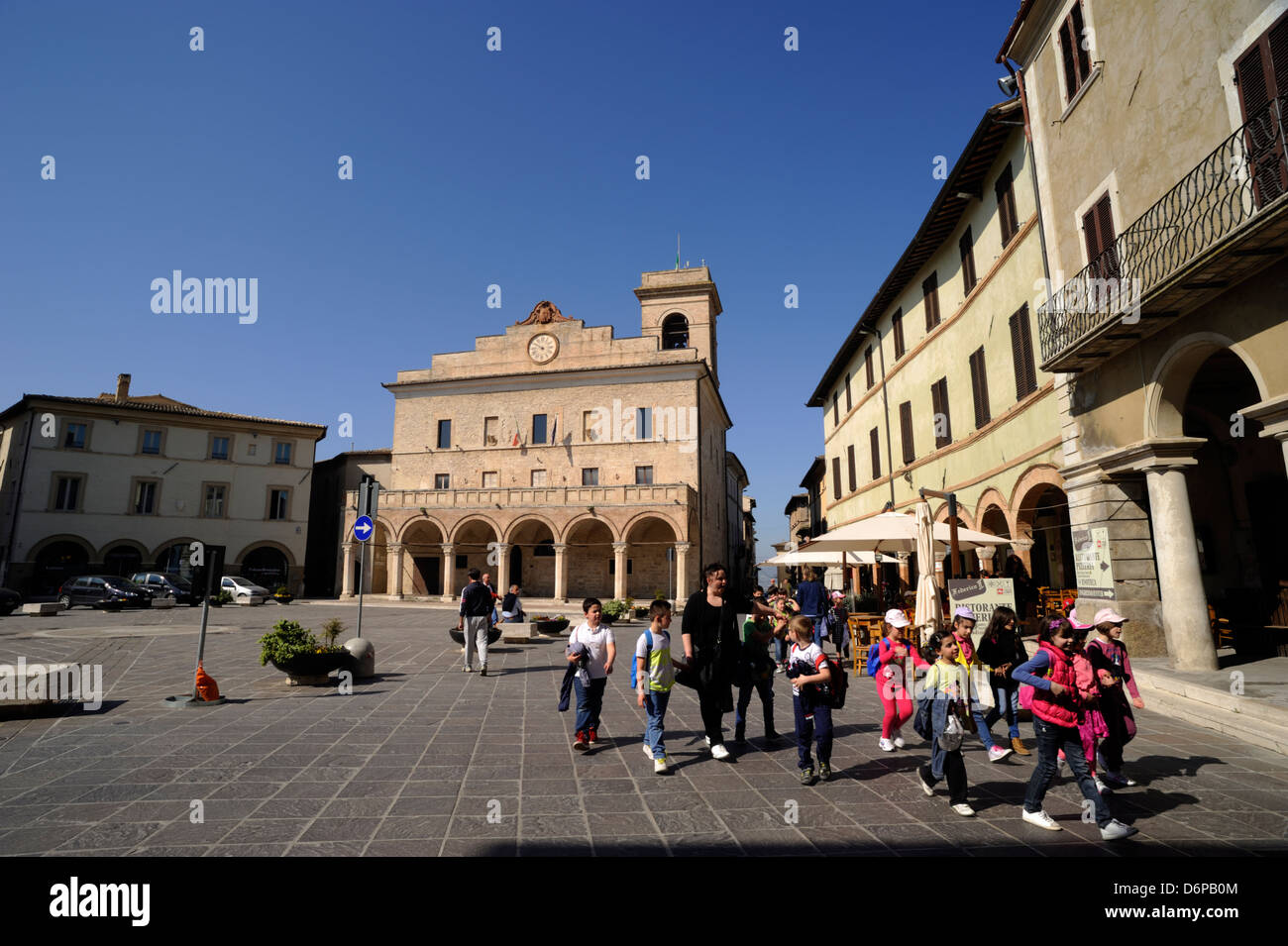 italy, umbria, montefalco, piazza del comune, townhall, school trip Stock Photo