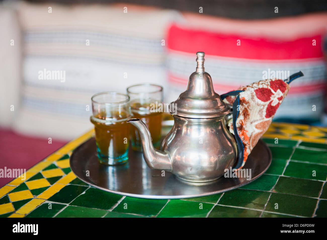 Moroccan mint tea pot at a cafe in Marrakech, Morocco, North Africa