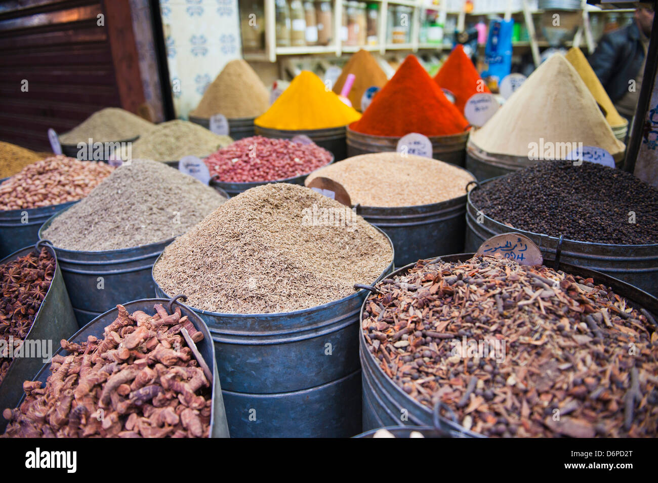 Colourful spices for sale in the Marrakech souks, Morocco, North Africa, Africa Stock Photo