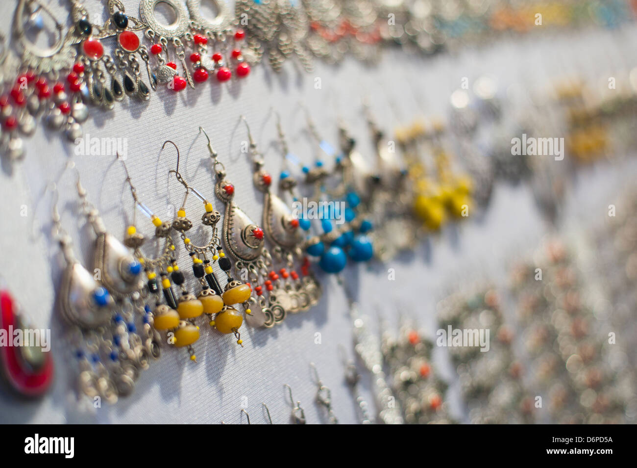 Earrings for sale in Place Djemaa El Fna Square, Marrakech, Morocco, North Africa, Africa Stock Photo