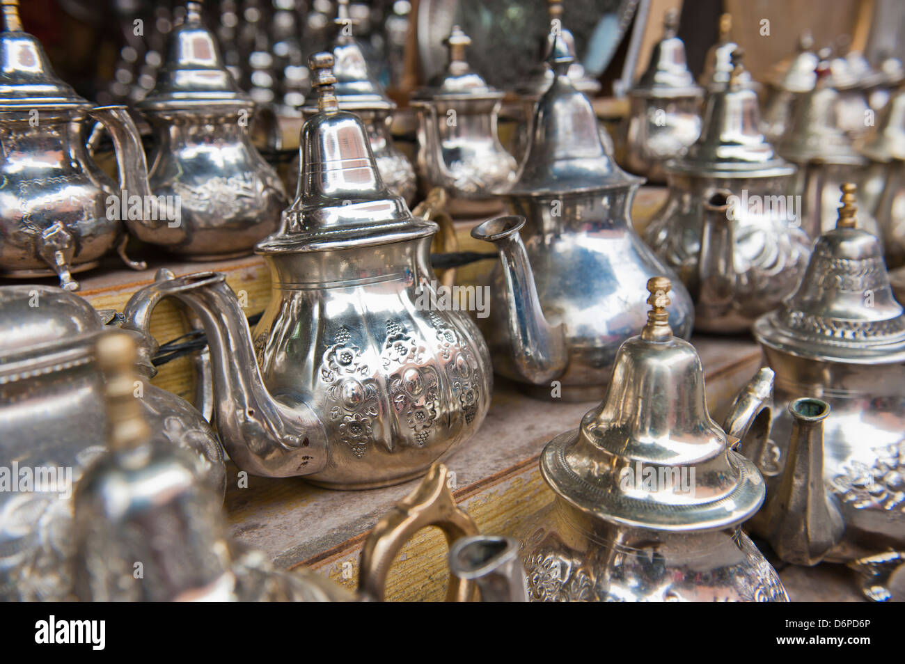 Traditional metal Moroccan mint tea pots for sale in the souks in the old Medina, Marrakech, Morocco, North Africa, Africa Stock Photo