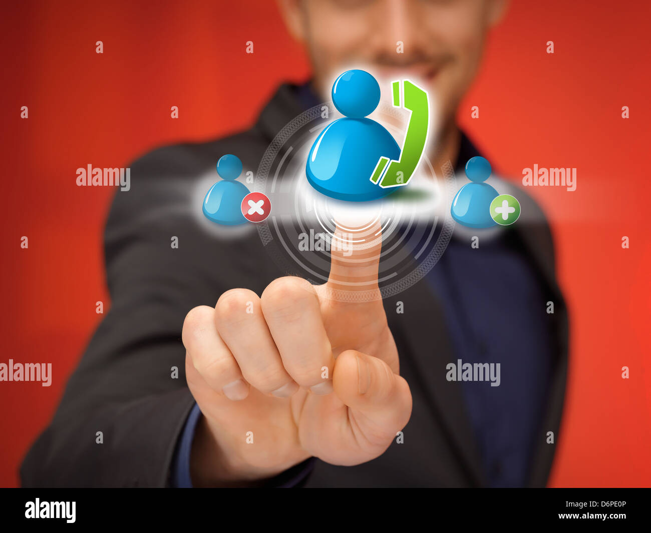 man pressing contact icon Stock Photo