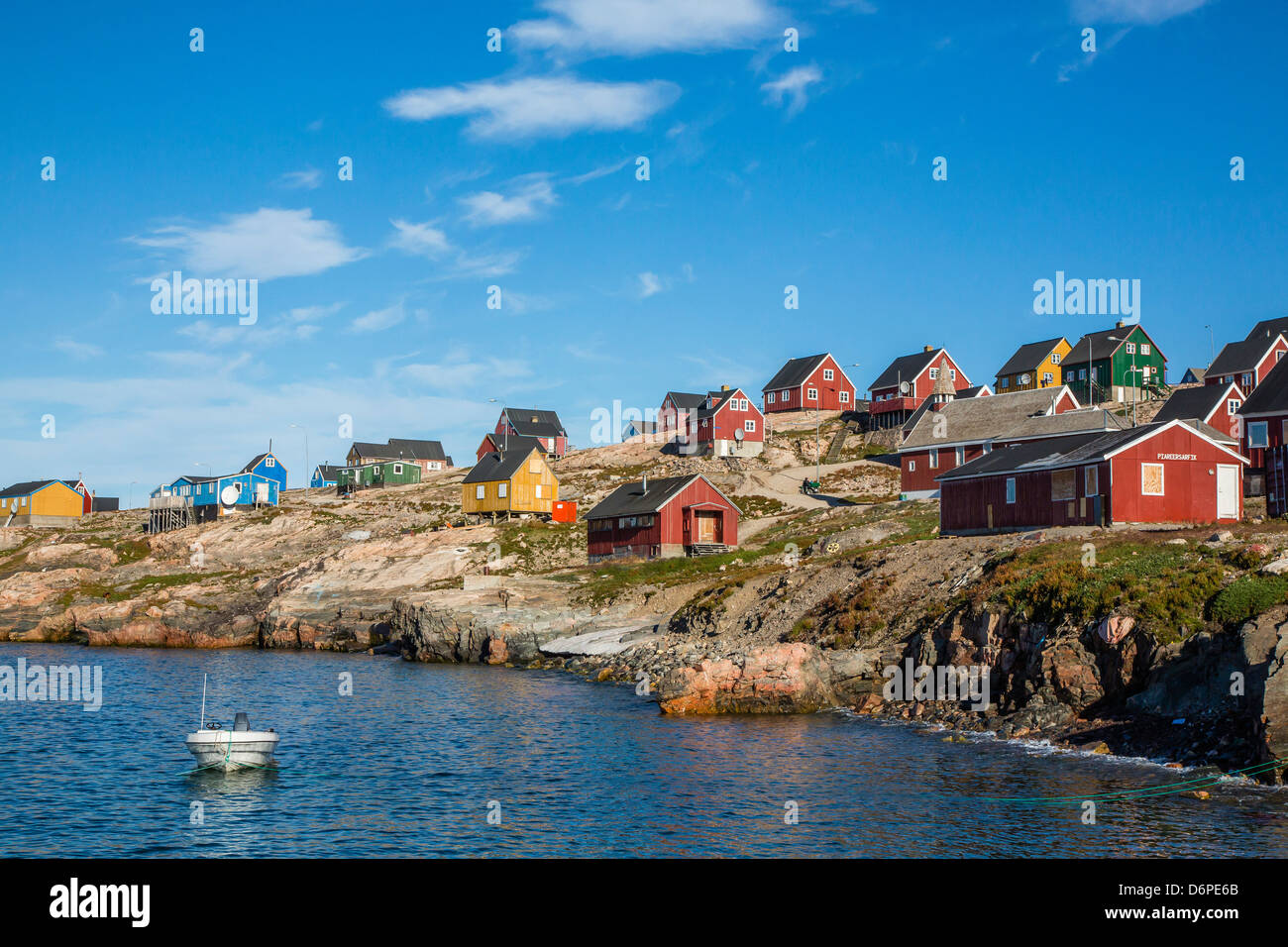 Inuit village, Ittoqqortoormiit, Scoresbysund, Northeast Greenland, Polar Regions Stock Photo