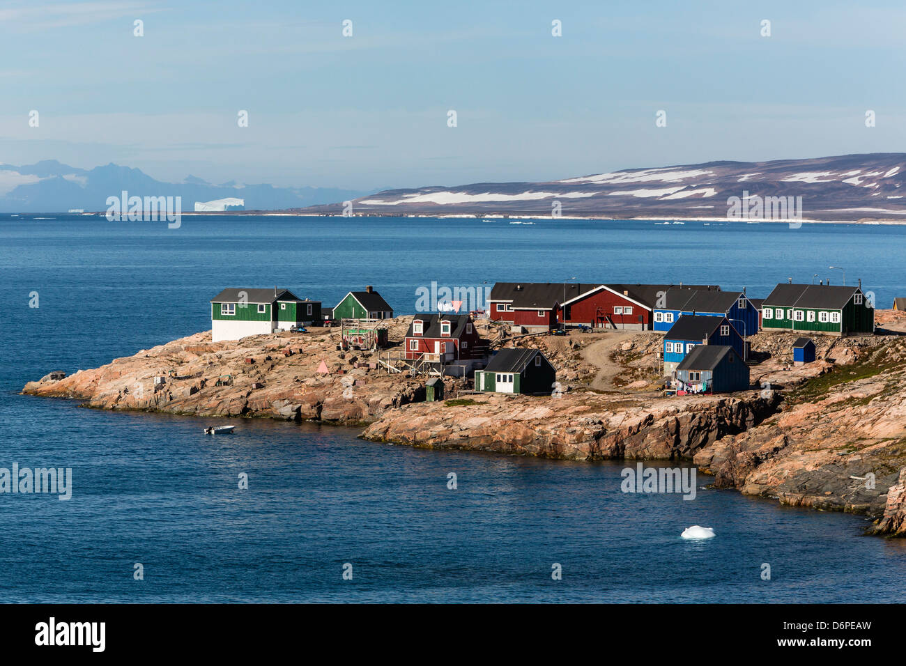 Inuit village, Ittoqqortoormiit, Scoresbysund, Northeast Greenland, Polar Regions Stock Photo