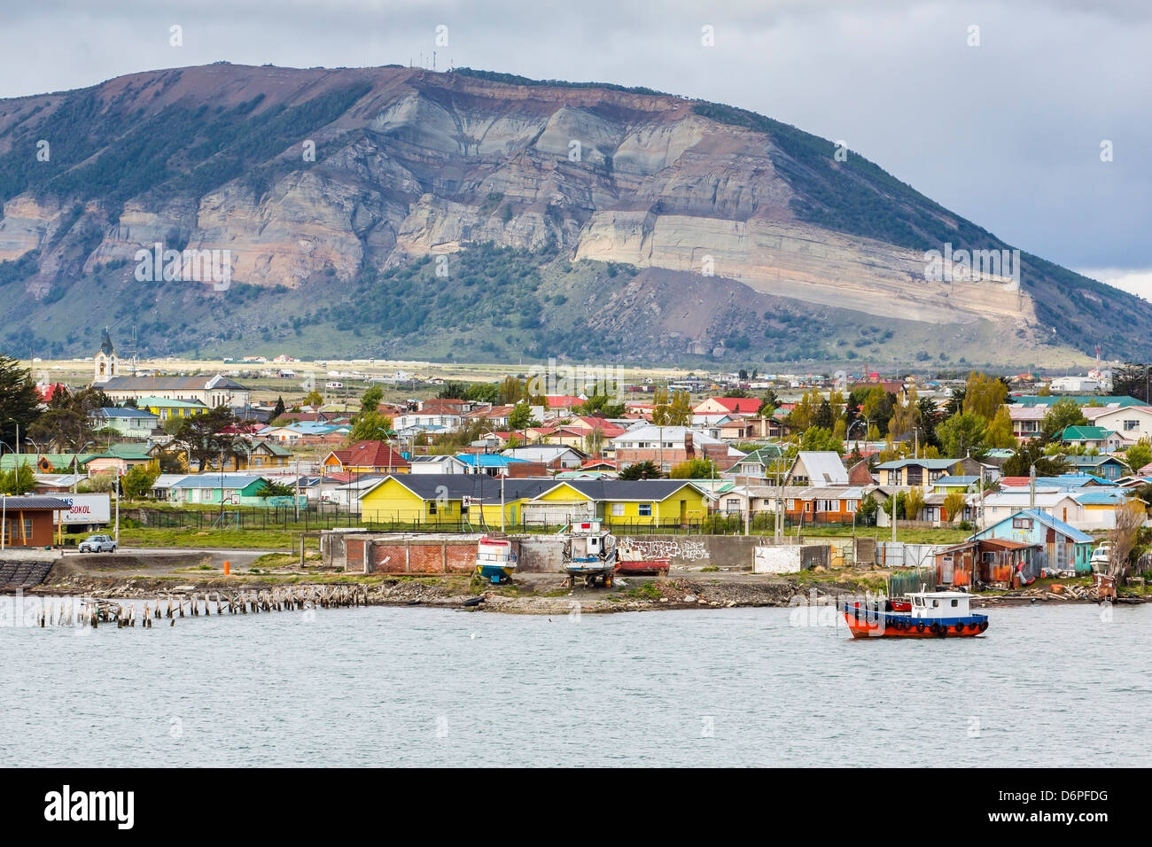 The harbour town of Puerto Natales, Patagonia, Chile, South America Stock Photo